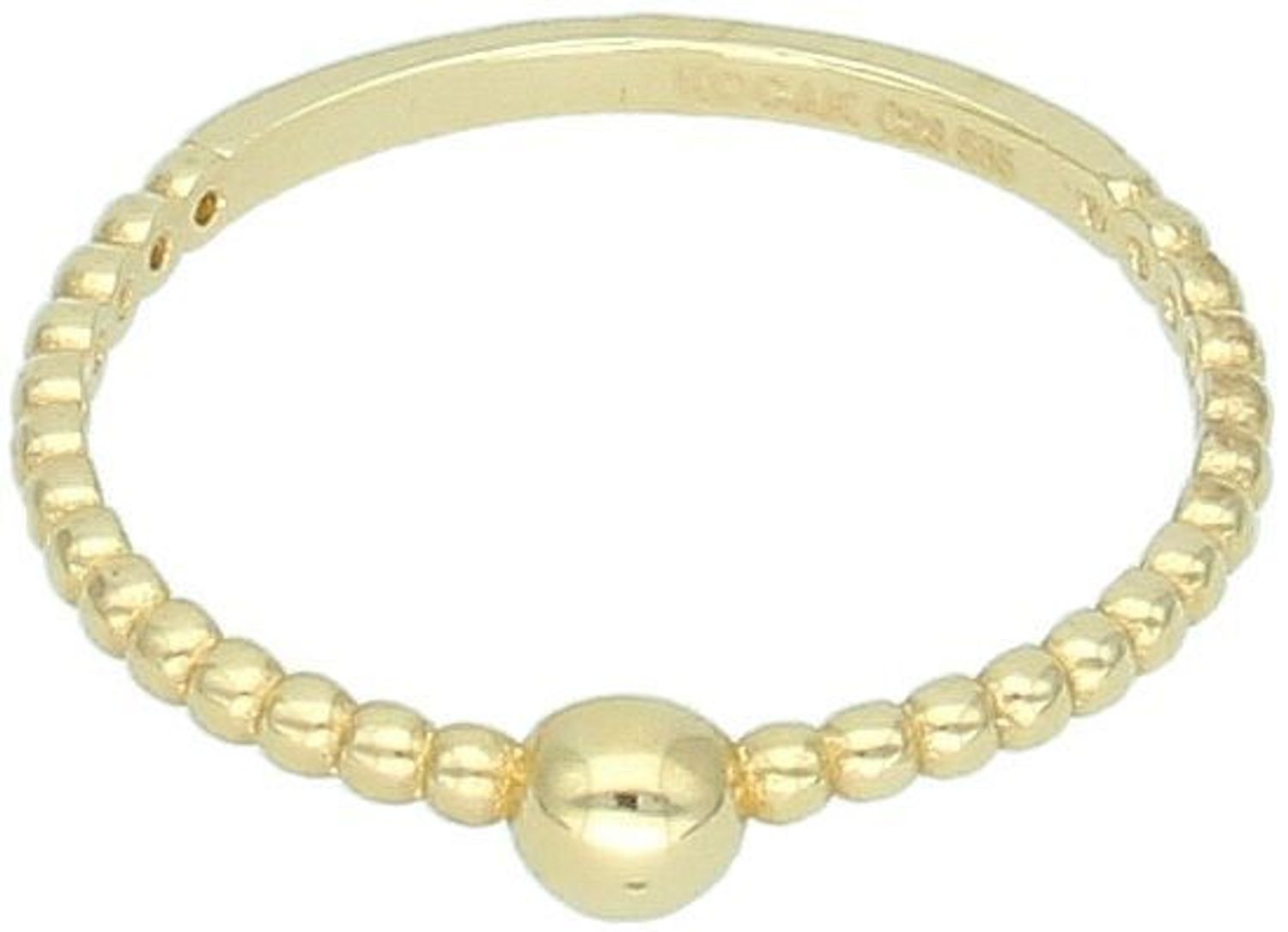 Delikatny pierścionek damski złoty próba 585 z ozdobnym motywem kuleczek. Model PI 3752A 585, rozmiar 16, waga 1,12 g, szerokość elementu 3 mm. Subtelna i lekka biżuteria.1.jpg